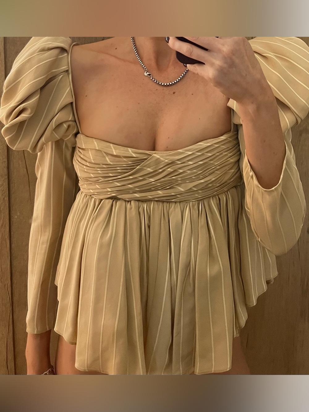 KHAITE Cream Pinstripe Puff-Sleeve Peplum Top - Picture 6 of 10